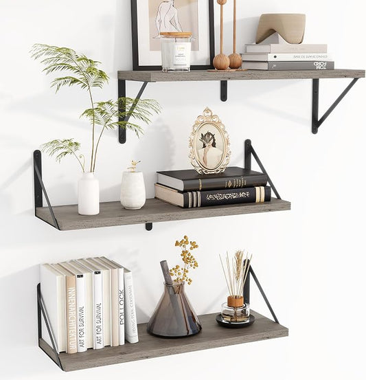Heimlove Floating Book Shelves for Wall,23.6 Inches Wall Bookshelf Mounted Display&Storage Wood Shelves for Kitchen Bathroom Laundry Living Room,Set of 3,Silver Grey