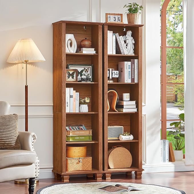 SAVOR LIFE 70" Tall Narrow Book Shelf, Wood Skinny Bookshelf with Adjustable Shelves & Wooden Legs, Farmhouse Bookcase w/5-Tier Storage, Free Standing Bookshlves for Office, Living Room, Brown, 2PCS