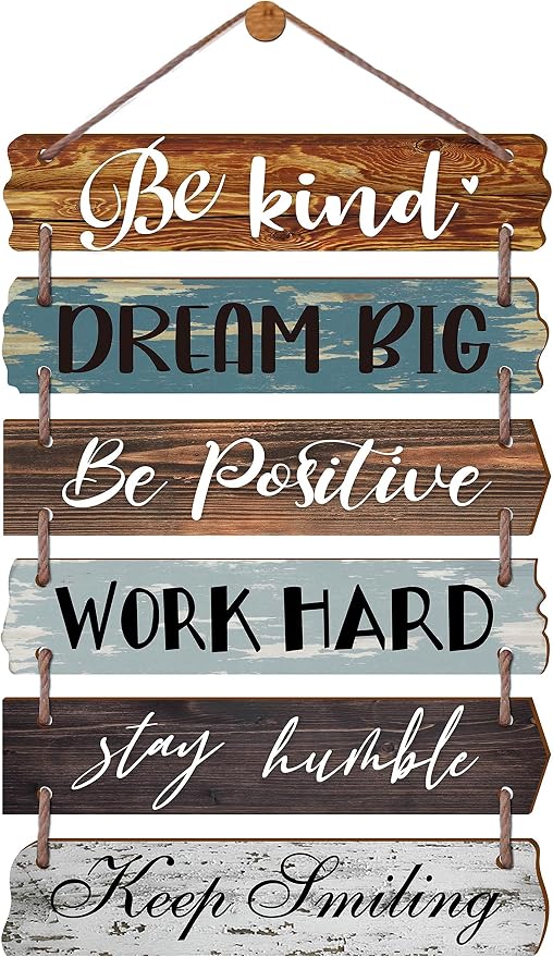 Yudarte Inspirational Wall Art 6pcs Strung Wooden Panels - Farmhouse Rustic Office Decorations for Work - Motivational Wall Decor for Home Bedroom Living Room
