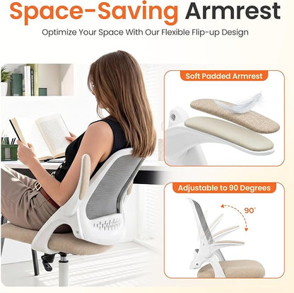 NEO CHAIR Office Chair Computer Desk Chair Ergonomic Gaming Comfy Mesh with Flip-up Arms Lumbar Support Adjustable Height Rolling Wheels for Home Office (Beige)