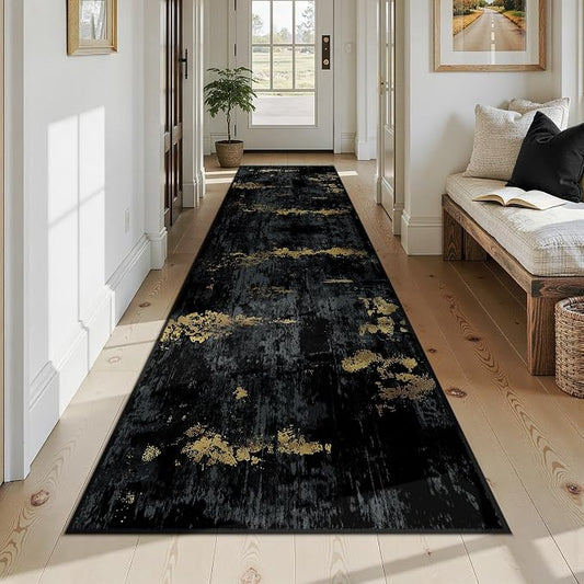 RELEANY Washable Area Rugs 3x12 Non-Slip Modern Abstract Soft for Living Room Entryway Bedroom Kitchen, Print Pattern, Dark Black Gold