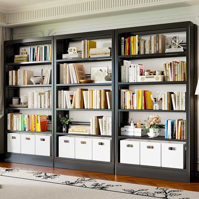 70.9" H Metal Bookshelf, Adjustable Bookcase, 5-Tier Heavy Duty Bookshelf with Bookend, Tall Bookshelves, Bookcase Shelf for Living Room, Office, Library,Classroom (Black-37.4W)
