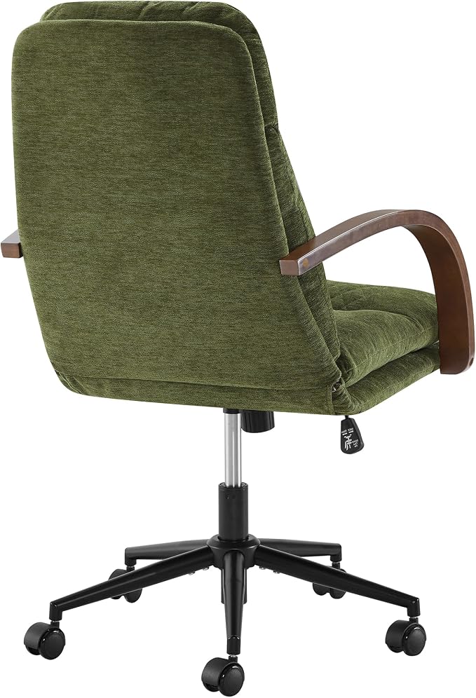 KISLOT Home Office Desk Chair, Ergonomic Office Chair with Lumbar Support, Adjustable Swivel Computer Chair with Wheels, Fabric Executive Task Chair with Wood Arms, Set of 2, Moss Green