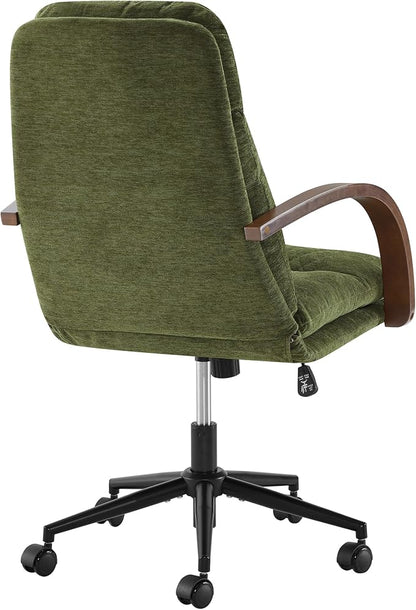 KISLOT Home Office Desk Chair, Ergonomic Office Chair with Lumbar Support, Adjustable Swivel Computer Chair with Wheels, Fabric Executive Task Chair with Wood Arms, Set of 2, Moss Green