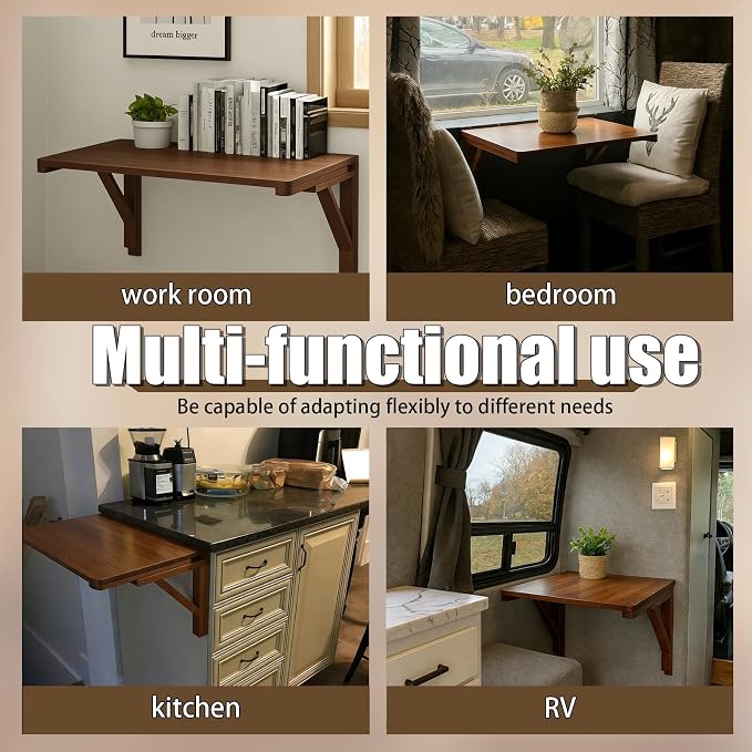 MM MELISEN Wall Desk - 24x16 Inch, Walnut Color Compact Desk for Laundry Room or Kitchen Area. Solid Wood fold-Down Surface for Daily tasks. Stores Flat When not in use