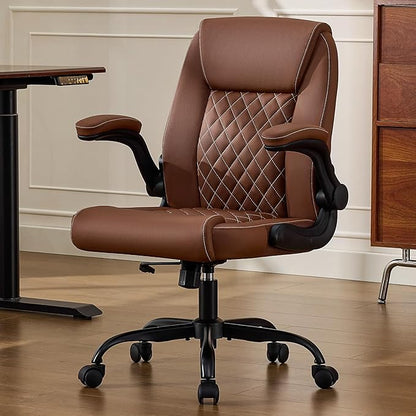 Leather Office Chair, 300lbs Heavy Duty Mid-Back Desk Chairs with Flip-up Armrests, Space-Saving Swivel Task Chair with Wheels, Adjustable Height and Ergonomic Back Support, Brown