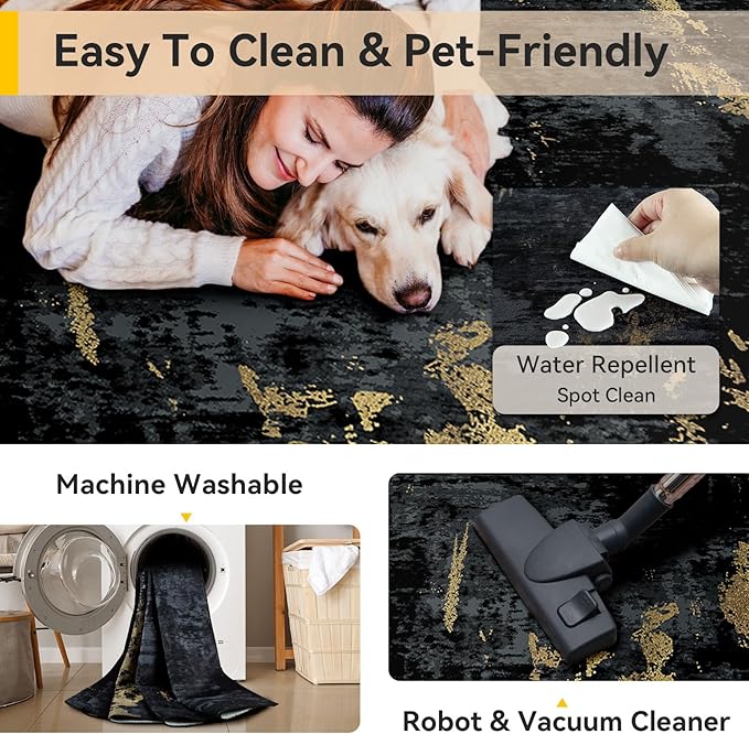 RELEANY Washable Area Rugs 6'x9' Non-Slip Modern Abstract Soft for Living Room Entryway Bedroom Kitchen, Print Pattern, Dark Black Gold