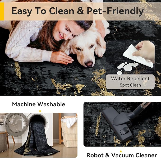 RELEANY Washable Area Rugs 8'x10' Non-Slip Modern Abstract Soft for Living Room Entryway Bedroom Kitchen, Print Pattern, Dark Black Gold