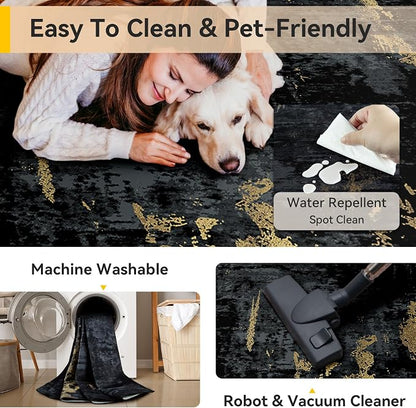 RELEANY Washable Area Rugs 6ft Non-Slip Modern Abstract Soft for Living Room Entryway Bedroom Kitchen, Print Pattern, Dark Black Gold
