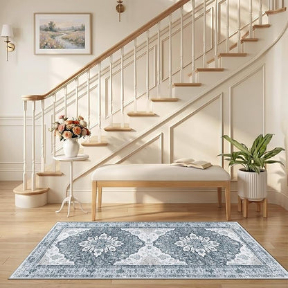 RELEANY Area Rugs Runner 2'6"x5' Washable Non-Slip, Floral Vintage Distress Medallion Carpet for Kitchen Hallway Bedroom Beside Laundry Room Bathroom, Light Gray Grey White
