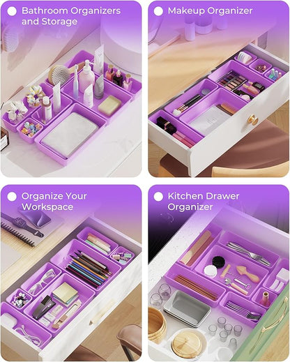 BiuLeon 25 PCS Plastic Drawer Organizers Set, 4-Sizes Vanity and Makeup Organizer, Desk and bathroom Drawer Organizer Trays, Organizers and Storage for Makeup, Jewelry, Gadgets, Utensils (Purple)