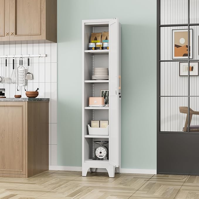 67"H White Metal Locker with 1 Lockable Door and 4 Adjustable Shelves For Employees, 5 Tier Small Storage Cabinet with Detachable Legs and Vintage Handle for Kitchen,Office,Gym,School,Easy Assembly