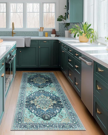 RELEANY Area Rugs Runner 2'x6' Washable Non-Slip, Floral Vintage Distress Medallion Carpet for Kitchen Hallway Bedroom Beside Laundry Room Bathroom, Teal Green Lake Blue Turquoise
