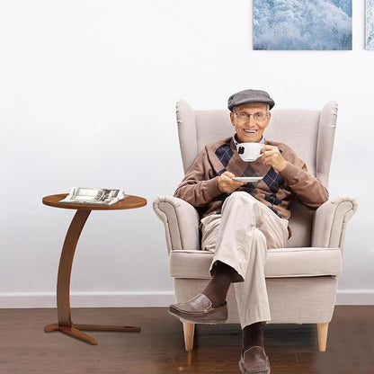C Shaped End Table, Small Round Side Table for Couch, Slide Under Sofa Tray Desk for Living Room Bedroom, Solid Wood TV Tray Table for Narrow Space (17” Chestnut)