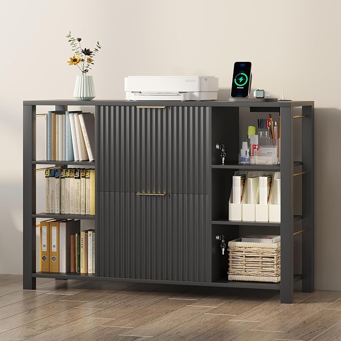 Filing Cabinet for Home Office, Fluted Wood File Cabinet with 2 Drawers Fit Letter/Legal/A4 Folders with Tabs, 43.3" W Printer Stand with Lock & 2 Power Outlets, 6 Storage Shelves (1, Black)