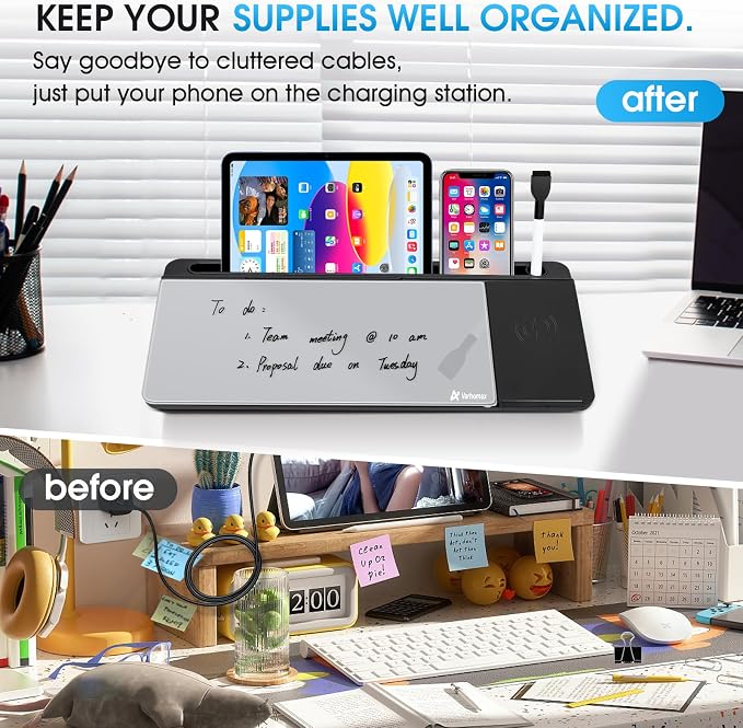 Varhomax Glass Desk Whiteboard with Wireless Charger, Desktop Organizer Dry Erase White Board with Storage, to Do List Memo Notepad for Home and Office Supplies (Black & Gray)