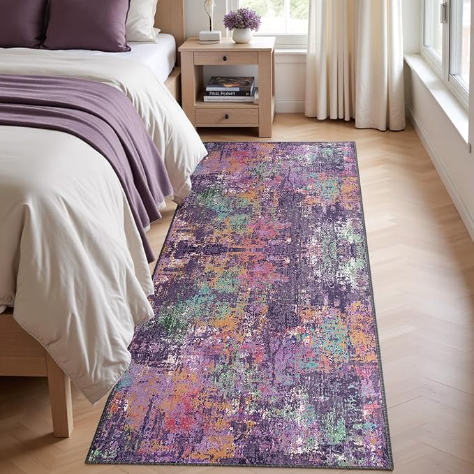RELEANY Washable Area Rugs 2'x6' Non-Slip Modern Abstract Soft for Living Room Entryway Bedroom Kitchen, Print Pattern, Purple Orange Blue Green Rust Red Colorful