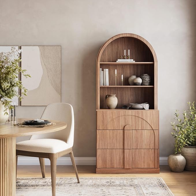 BELLEZE 71" Tall Storage Cabinet with 3 Drawers, Wooden Sideboard Buffet Cabinet with Hutch for Pantry and Kitchen Organizing, 5-Tier Modern Storage Unit for Living Room Home Office, Camel