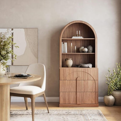 BELLEZE 71" Tall Storage Cabinet with 3 Drawers, Wooden Sideboard Buffet Cabinet with Hutch for Pantry and Kitchen Organizing, 5-Tier Modern Storage Unit for Living Room Home Office, Camel