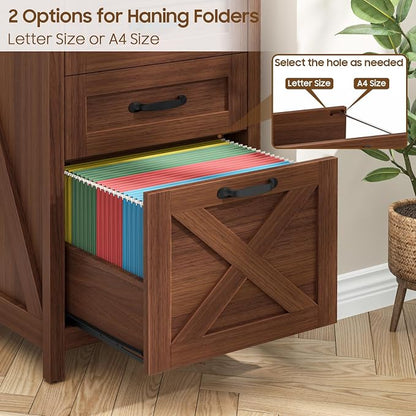 Halitaa 3 Drawer Small File Cabinet, Farmhouse Vertical Filing Cabinet Fits Letter and A4 Size, Under Desk Wooden File Cabinets for Home Office, Printer Stand, Walnut