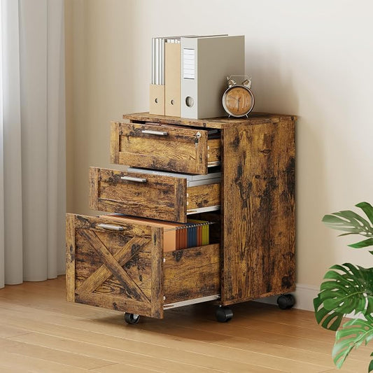 GAOMON 3 Drawer Mobile File Cabinet with Lock, Under Desk Wooden Filing Cabinets for Home Office Organizer Letters/Legal/A4, Rustic Brown