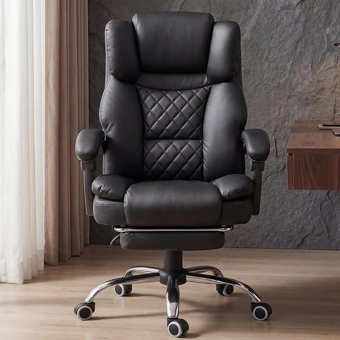 GTPLAYER Executive Office Chair Big and Tall Leather Gaming Chair with Pocket Spring Cushion & Ergonomic Lumbar Support for Lower Back Pain Relief, Comfy Desk Chair with Footrest, Matte-Black