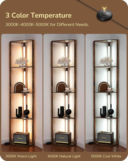 EDISHINE 64" LED Floor Lamp, Modern Floor Lamp with Shelves, Tall Standing Lamp with 3 Color Temperature, Stepless Dimmable Corner Floor Lamps for Living Room, Bedroom, Office, Burlywood