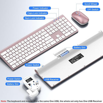 Wireless Keyboard and Mouse Combo, Full Size Keyboard and Mouse, Long Battery Life, Optical Mouse, 2.4G Lag-Free Cordless Mice Keyboard Set Ultra Slim Design for Computer, Laptop, PC, Mac (Pink)