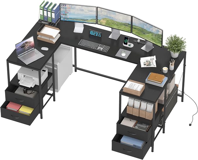 YOSHOOT 67" U Shaped Computer Desk, Reversible L Shaped Gaming Desk | Corner Desk with Power Outlets, 4 Drawers, 2 Storage Shelf, Computer Table with 4 Installation Methods, Black