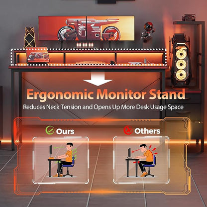 Mericonia 68 inch Gaming Desk with LED Lights & Power Outlets, Reversible Computer Desk with Storage Drawers & Monitor Stand, Large Gaming Table for Home Office