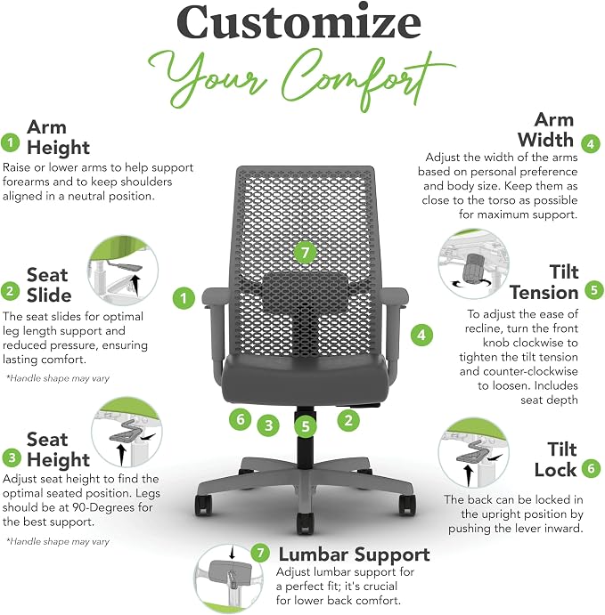 HON Ignition 2.0 ReActiv Ergonomic Office Chair, Mesh Desk Chair with Lumbar Support, Synchro‑Tilt Recline, Height and Width Adjustable Arms, Swivel Wheels, Titanium Frame, Graphite