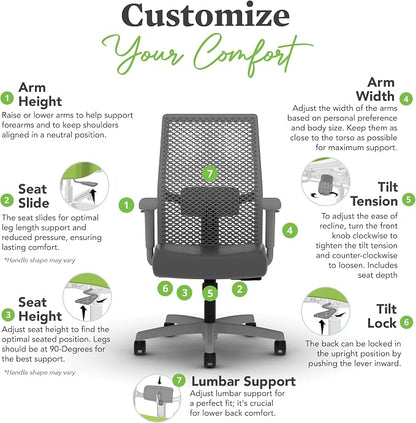 HON Ignition 2.0 ReActiv Ergonomic Office Chair, Mesh Desk Chair with Lumbar Support, Synchro‑Tilt Recline, Height and Width Adjustable Arms, Swivel Wheels, Titanium Frame, Graphite