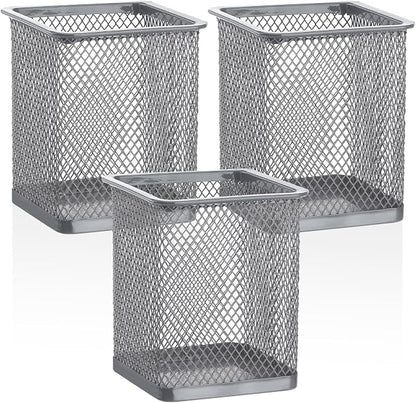 Segarty Pen Holder, 3 Pack Square Silver Pencil Holder for Desktop, Metal Mesh Pen Cup Container Desk Organizer for Office Supplies, School, Home, Makeup Brush Storage