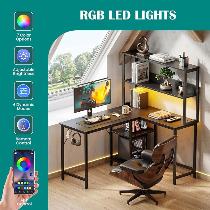 OLIXIS 43 in L Shaped Desk Computer Gaming Desk with Power Outlets & LED Lights, Reversible Corner Home Office Table with Adjustable Shelf & CPU Stand, Black