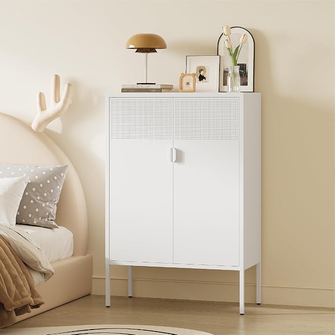 Metal Storage Cabinet,2 Door TV Stand, Metal Mesh Accent Cabinet,Magnetic Door Closure,Low Storage Cabinets with Doors and Shelf for Home,Office,Living Room