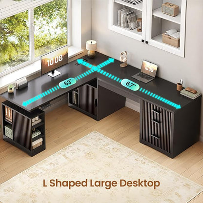 SEDETA Fluted L Shaped Electric Standing Desk, 63" x 67" Height Adjustable Home Office Executive Desk with Drawers and Shelves, Two Person Desk with Power Outlet for Home Office, Black