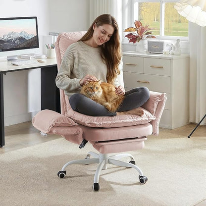 Bestier Criss Cross Office Chair with Flip-Up Armrests, High Back Executive Chair with Footrest & Wheels, Cross Legged Desk Chair for Home Office, Pink Velvet
