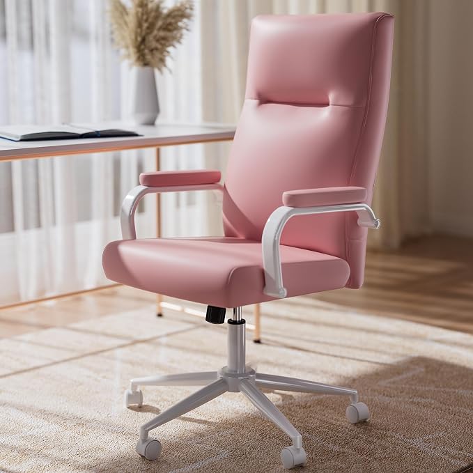 GXJ Pink Desk Chair, High Back Leather Executive Office Chair for Girl and Women, Adjustable Height Computer Desk Chairs with Wheels and Arms