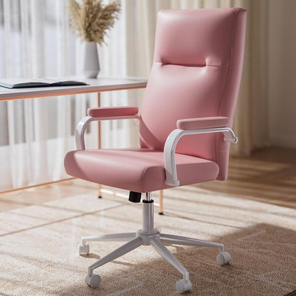 GXJ Pink Desk Chair, High Back Leather Executive Office Chair for Girl and Women, Adjustable Height Computer Desk Chairs with Wheels and Arms