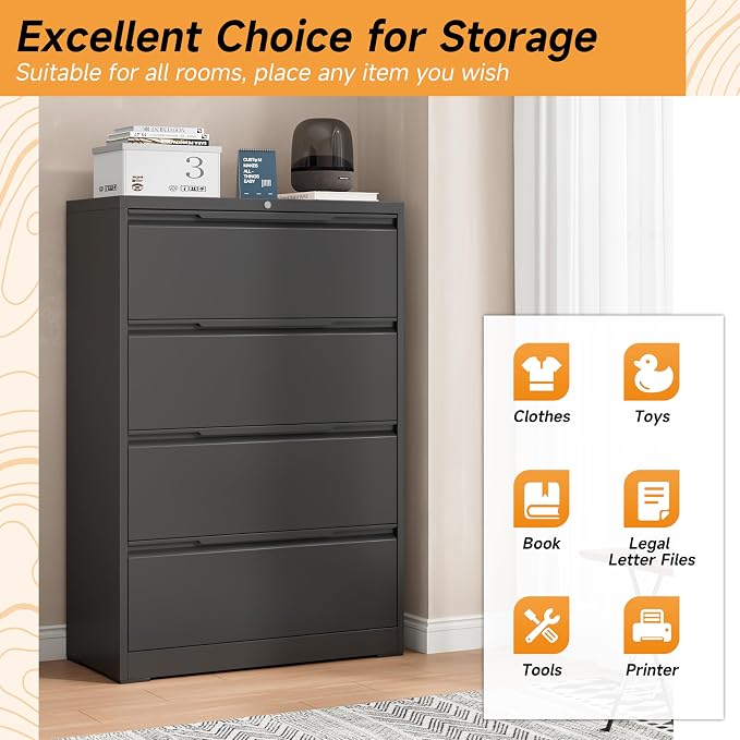 Bestoo 4 Drawer Lateral File Cabinet with Lock Heavy Duty Large Metal Filing Cabinet Home Office Cabinets Wide Steel Cabinets for Legal/Letter Size,Assembly Required Black