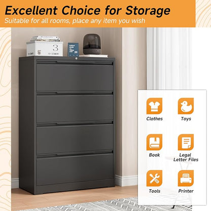 Bestoo 4 Drawer Lateral File Cabinet with Lock Heavy Duty Large Metal Filing Cabinet Home Office Cabinets Wide Steel Cabinets for Legal/Letter Size,Assembly Required Black