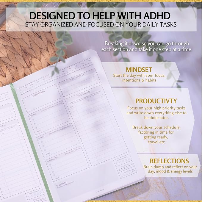 ADHD Daily Planner for Neurodivergent Adults – Premium Leather Productivity & Task Management Planner with Guided Focus Pages, 170gsm Paper, Gold Foiling & Gift Box – Undated | A5 (Sage Green)