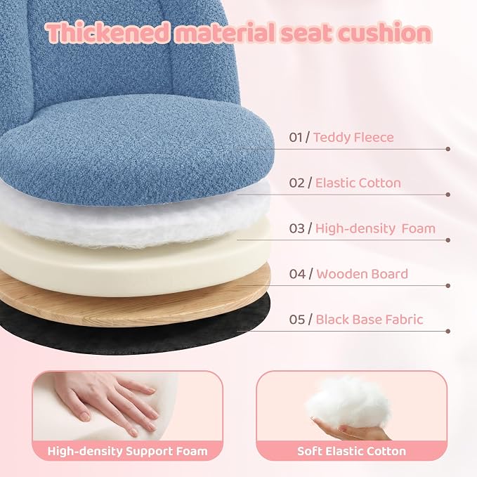 DurayLoly Cute Vanity Chair with Wheels, Ultra-Soft Teddy Fleece, Adjustable Height & 360° Swivel Compact Rolling Desk Chair for Bedroom, Vanity Table & Dorm Ink Blue