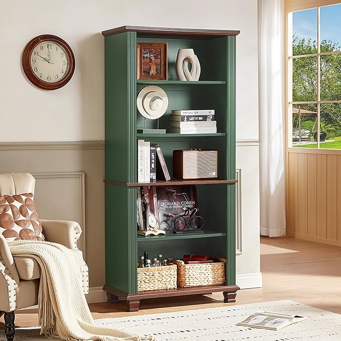 SAVOR LIFE 70" Tall Green Bookshelf,5 Tier Wooden Book Shelf with Adjustable Shelves & Wood Legs,Free Standing Farmhouse Bookcase with Open Display Storage,Vintage Bookshelves for Library, 2PCS