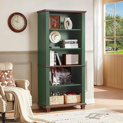SAVOR LIFE 70" Tall Green Bookshelf,5 Tier Wooden Book Shelf with Adjustable Shelves & Wood Legs,Free Standing Farmhouse Bookcase with Open Display Storage,Vintage Bookshelves for Library, 3PCS