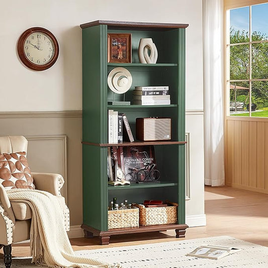 SAVOR LIFE 70" Tall Green Bookshelf,5 Tier Wooden Book Shelf with Adjustable Shelves & Wood Legs,Free Standing Farmhouse Bookcase with Open Display Storage,Vintage Bookshelves for Library, 3PCS