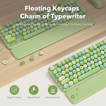 Wireless Keyboard and Mouse Combo, Cute Retro Typewriter Keyboard with Round Keycaps and Magnetic Wrist Rest, Full-Size 2.4GHz Cordless for Mac, Windows PC, Laptop, SABLUTE CK23, Green Multi-Color