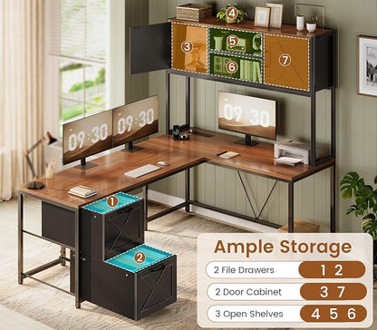 SEDETA L Shaped Gaming Desk, Reversible Computer Desk with Fabric Drawers and Power Outlet, Gaming Desk with Led Lights, Hutch and Storage Shelf for Home Office (Black and Brown)