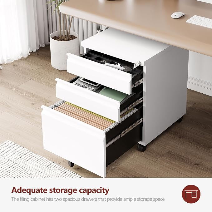 RAVIGIN 3 Drawer File Cabinet，Mobile Filing Cabinet with Lock and Wheels，Fully Assembled Metal Under Desk File Cabinets for A4/Letter/Legal Size（White