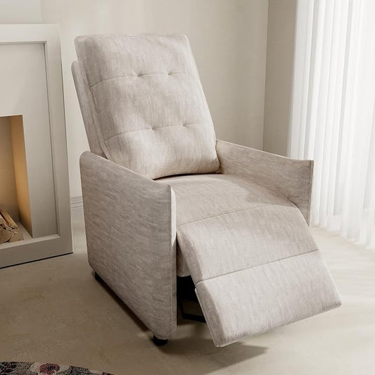 Recliner Chair for Women, Small Recliners for Small Spaces with High Back, Manual Push Back Nursery Chair Overstuffed High-Density Foam for Nursing Bedroom Living Room (Beige)
